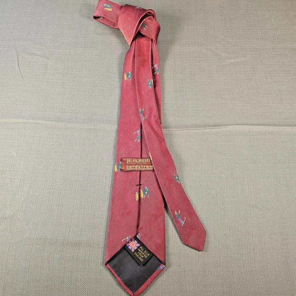 JL Robert Nordstrom Mens Burgundy Silk Golf Motif Tie‎ Made in England